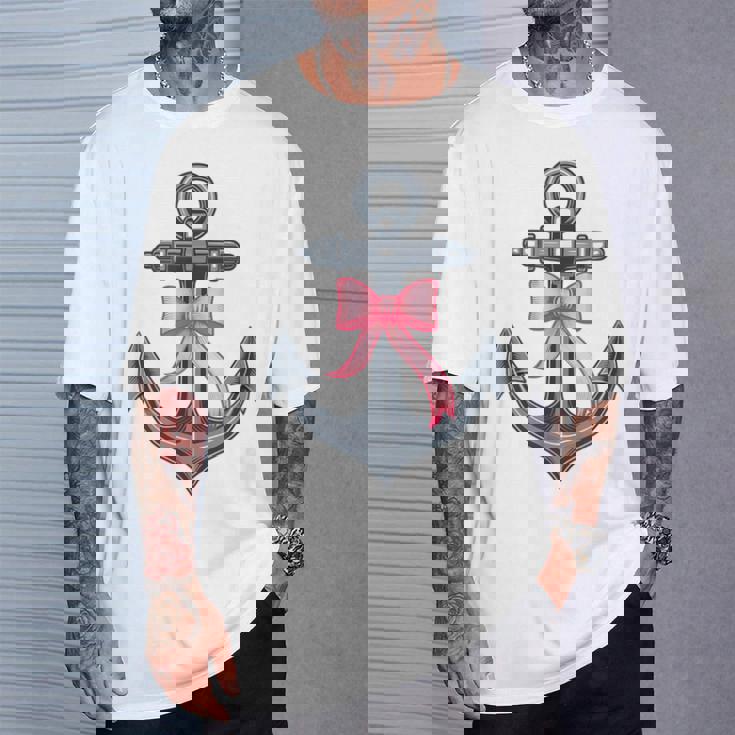 ピンクリボンボウコケット付きマリンアンカー。 Tシャツ 彼への贈り物