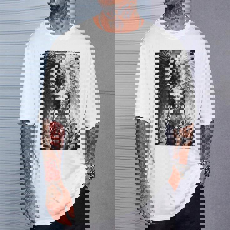 ピンナップガールtシャツ セクシーな天使の悪魔の女の子 B&W バックプリント Tシャツ 彼への贈り物