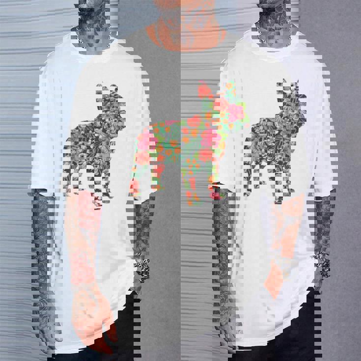 フレンチ ブルドッグ フラワー フローラル フレンチ ドッグ シルエット 犬 ペット Tシャツ 彼への贈り物