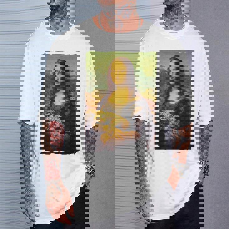 モナ・リザとオレンジ色の猫 面白いアートの絵 Tシャツ 彼への贈り物