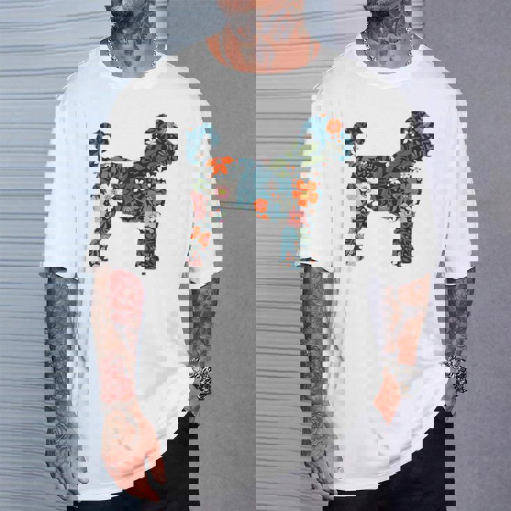 ラブラドゥードルやゴールデンドゥードルのママのためのフローラルドッグシルエット Tシャツ 彼への贈り物