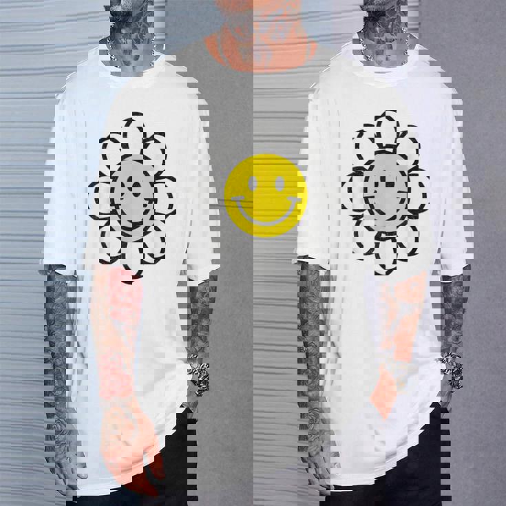 レトロ ヴィンテージ イエロー ハッピー スマイル スマイル フェイス デイジーフラワー Tシャツ 彼への贈り物