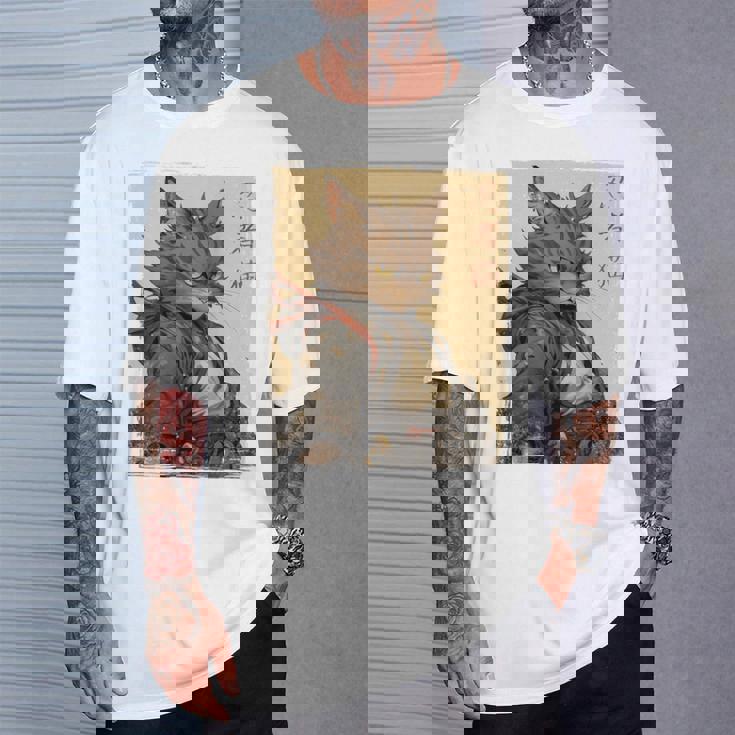 ヴィンテージ 日本の風景 侍 猫 漢字 Art Back Tシャツ 彼への贈り物