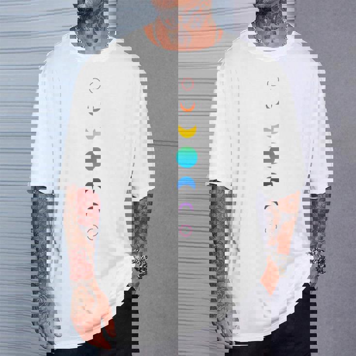 天空の月の満ち欠け バックプリント 虹の月天文学 Tシャツ 彼への贈り物