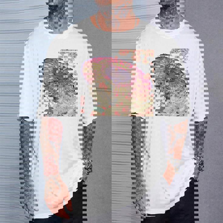 振り返る娘 見返り美人 日本美人 花街 浮世絵 桜 花 奇麗 赤 バックプリント Tシャツ 彼への贈り物