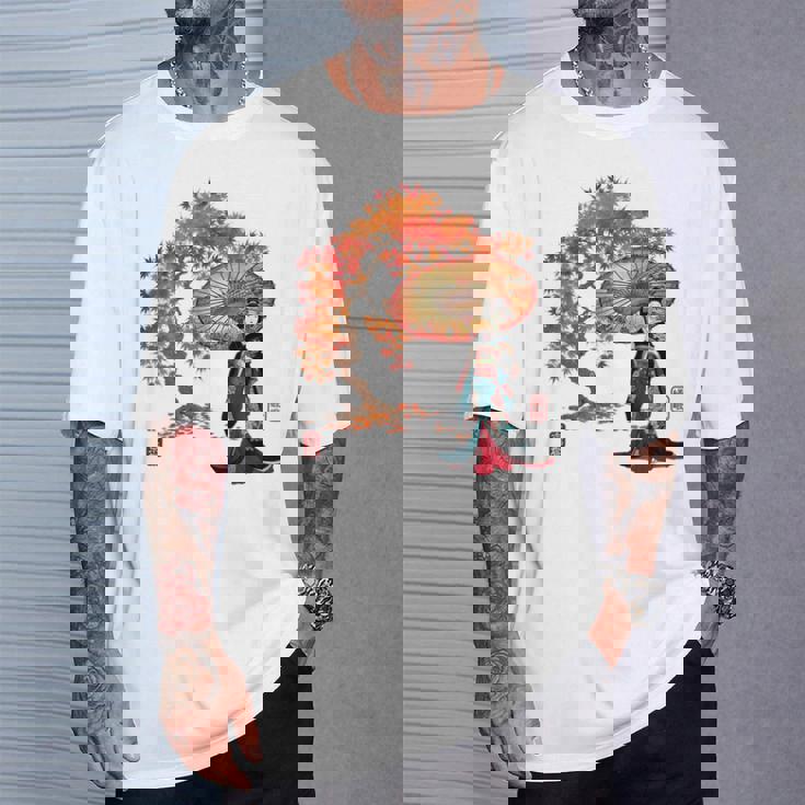 日本 浮世絵 京都 嵯峨 紅葉 和傘 美人 着物 Tシャツ 彼への贈り物