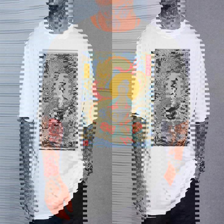 日本 浮世絵 滋賀 琵琶湖 竹生島 弁財天 竜 龍神 バックプリント Tシャツ 彼への贈り物