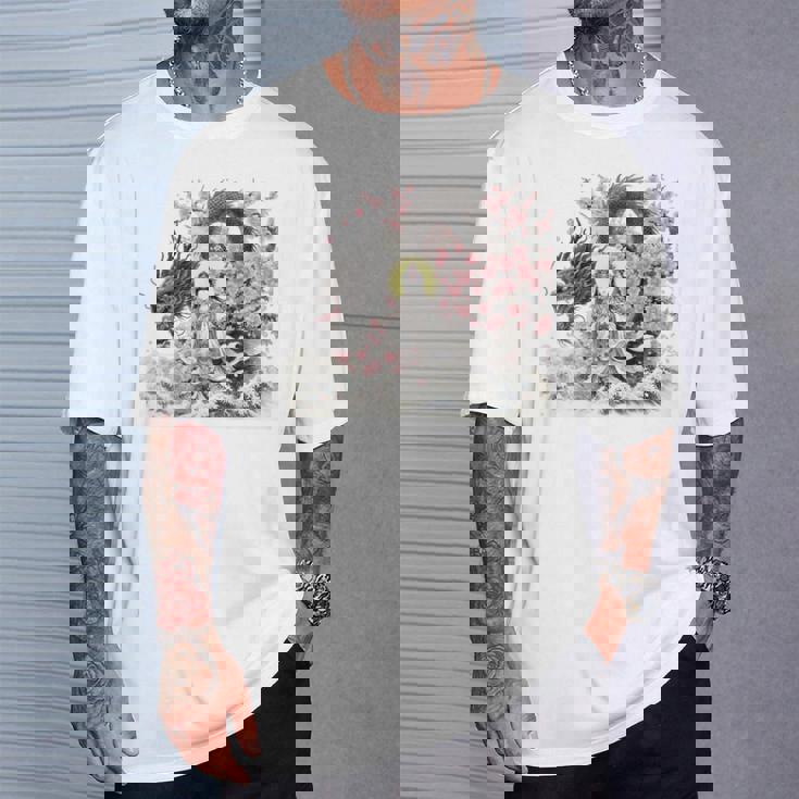 日本 浮世絵 観音菩薩 竜 桜 波 バックプリント Tシャツ 彼への贈り物