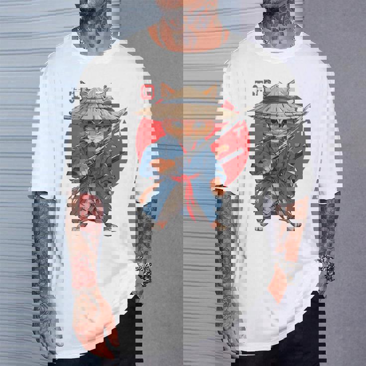 日本の侍 猫戦士 浮世侍 バックプリント Tシャツ 彼への贈り物