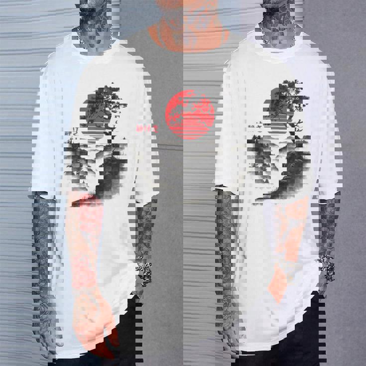 日本の木 赤い月 絵画 日本 夕日 男性 女性 Tシャツ 彼への贈り物