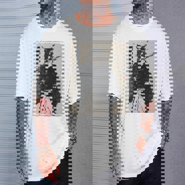 日本美術 猫 忍者 浮世絵 アニメ風 侍猫 長袖tシャツ Tシャツ 彼への贈り物