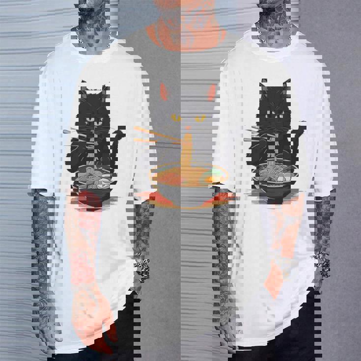 猫 ラーメン グラフィック 日本語 カワイイ アニメ 面白い ラーメン 猫 長袖tシャツ Tシャツ 彼への贈り物