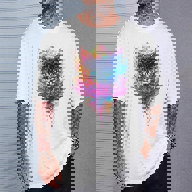 猫 花 カラフル かわいい アート 動物好き グラフィック 猫 Tシャツ 彼への贈り物