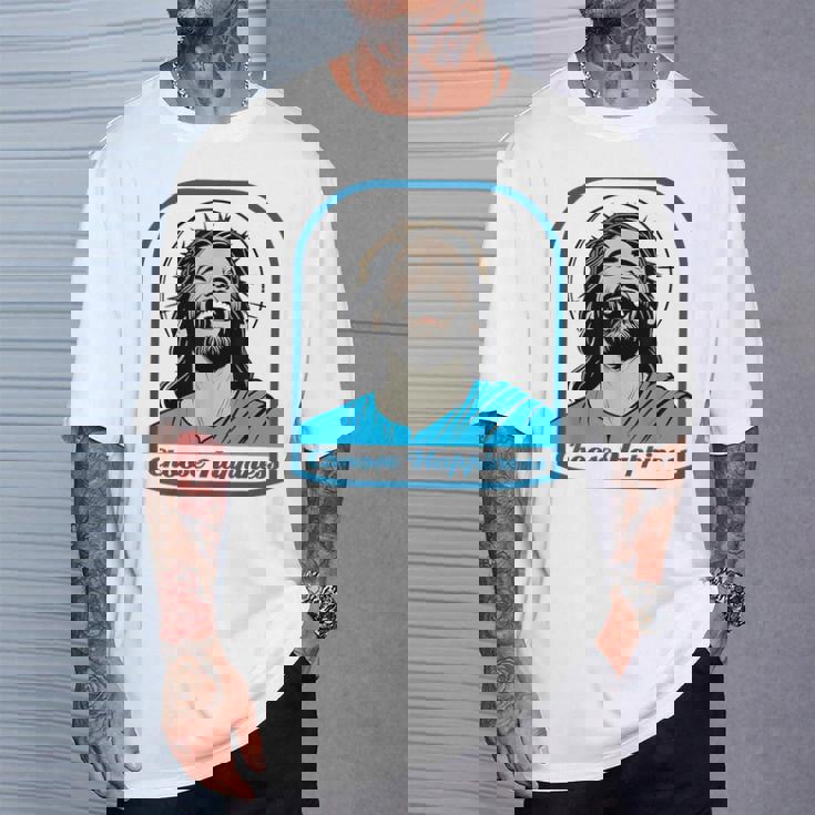 笑うイエス キリスト 喜び 幸せな笑顔 自信 いばらの冠 満足感 クリスマスプレゼント 贈り物 お土産 ポジティブ Tシャツ 彼への贈り物