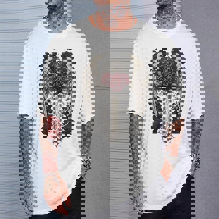 翼とバラのゴシック・クロス 長袖tシャツ Tシャツ 彼への贈り物