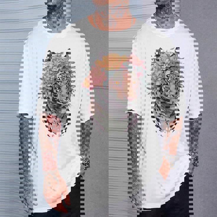 花柄 水彩 虎 花 王冠 虎好き Tシャツ 彼への贈り物