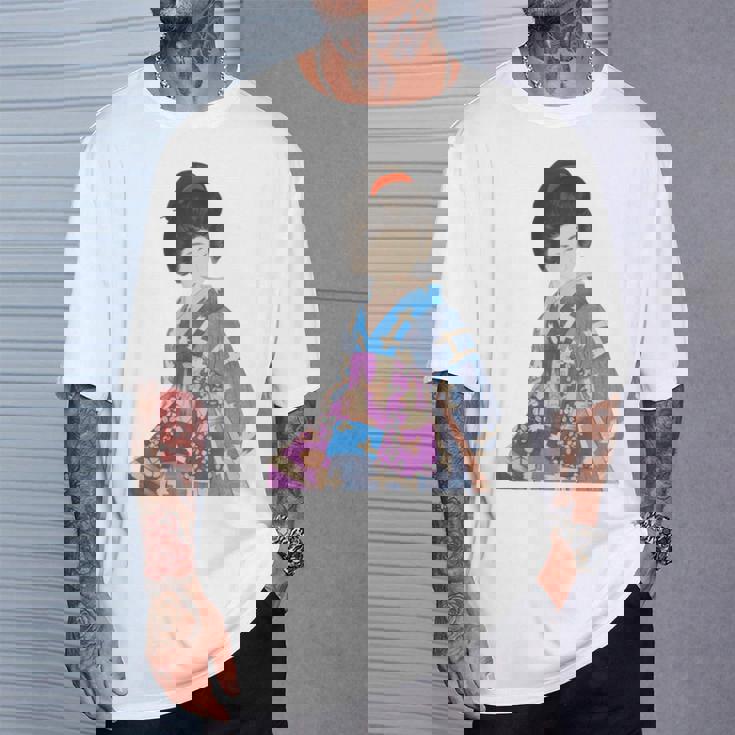 青い着物を着た美しい芸者 日本画 鳥居 言人 帯 美人画 新版画 日本画 長袖tシャツ Tシャツ 彼への贈り物