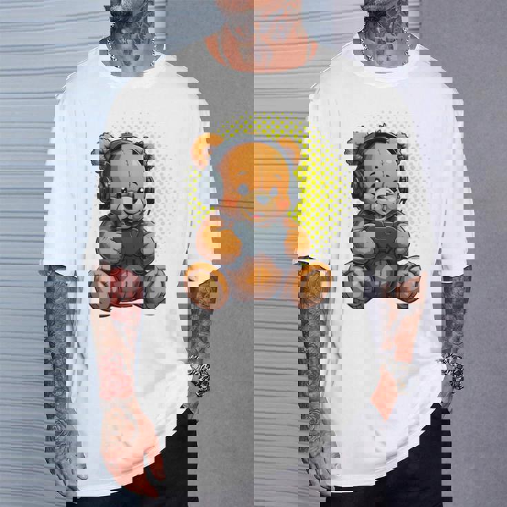 面白いゲームテディホールディングビデオゲームコントローラー。 長袖tシャツ Tシャツ 彼への贈り物