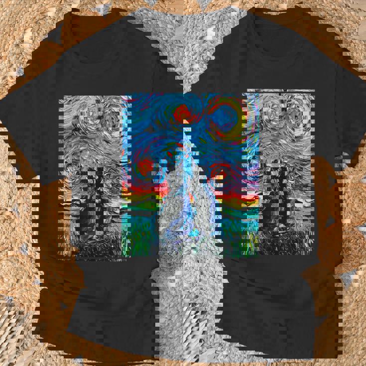 Aja 星月夜に2匹の黒猫 カラフルアート Tシャツ 高齢者への贈り物