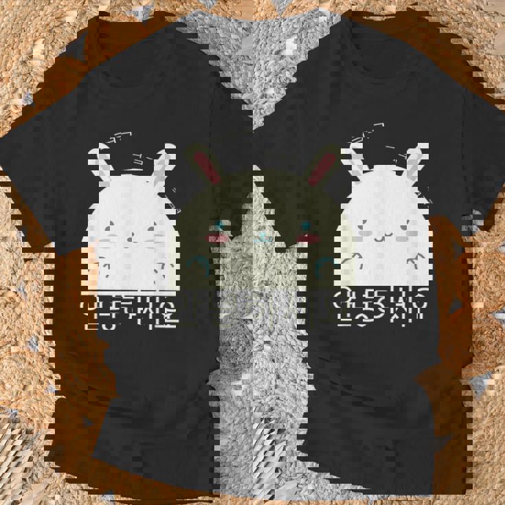 Annyeonghaseyo 笑うかわいいウサギ ハングル 韓国語アルファベット Tシャツ 高齢者への贈り物