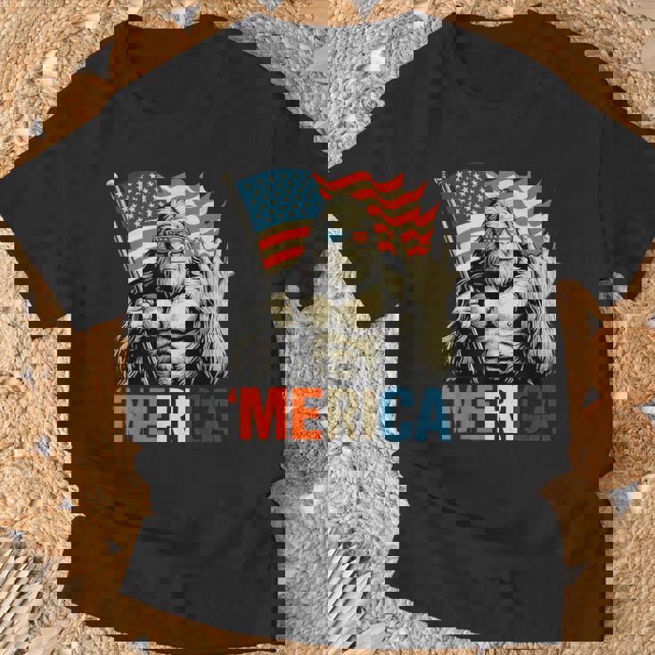 Bigfoot Merica Rock Patriotic American Flag 4Th Of July T-Shirt Gifts for Old Men