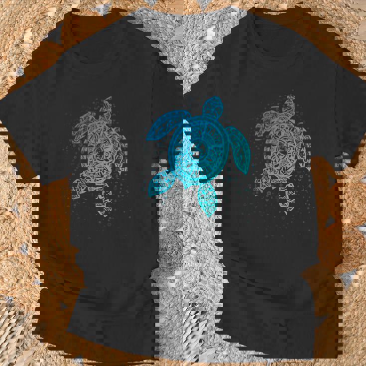 Boho Tiki ティールウミガメ 気泡付き 亀 Tシャツ 高齢者への贈り物