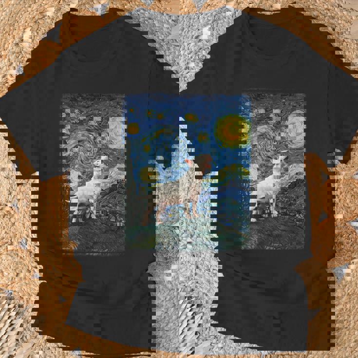 Bull Terrier Howling Moon Noche Estrelladaan Gogh Divertido Cuello Camiseta unisex Regalos para ancianos