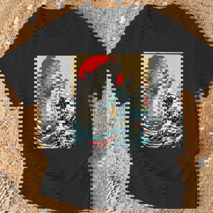 Catzilla 猫日本美術面白い猫 Tシャツ 高齢者への贈り物