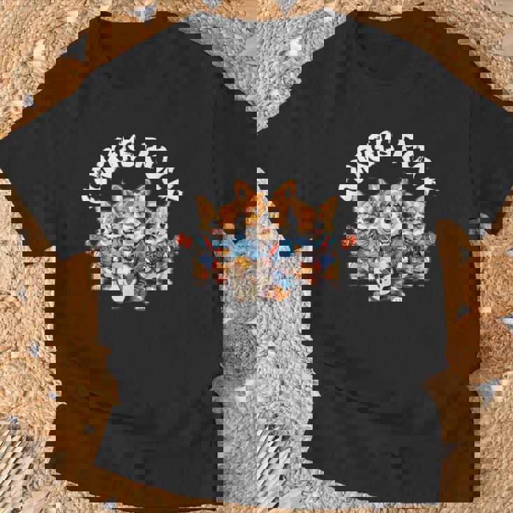 Corgis Rock かわいいコーギー犬トリオ ロックアウト ギターを弾く Tシャツ 高齢者への贈り物