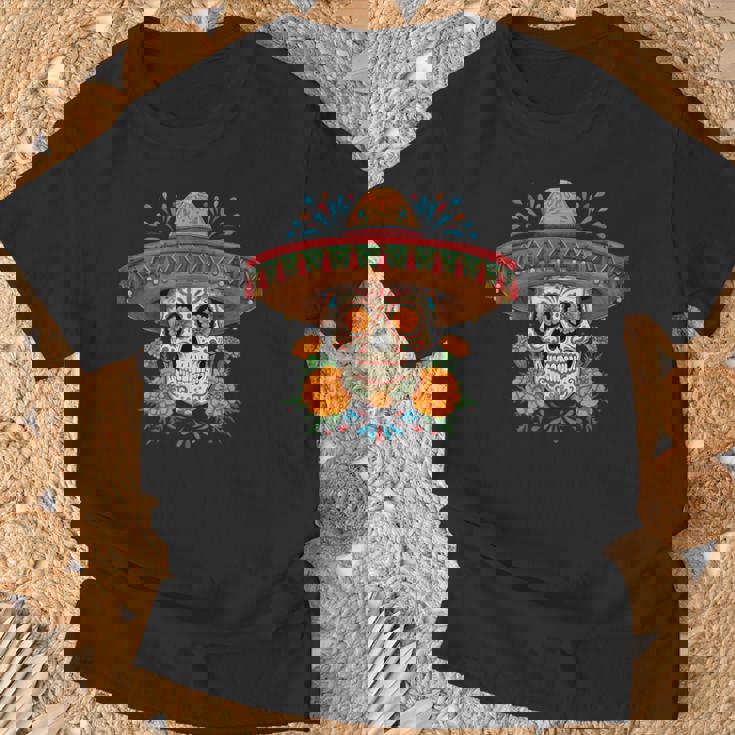 Dia De Los Muertos スカルとマリーゴールド Tシャツ 高齢者への贈り物