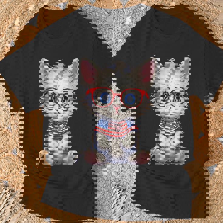 Gatito Patriótico Con Gafas Rojo Blanco Azul Camiseta unisex Regalos para ancianos