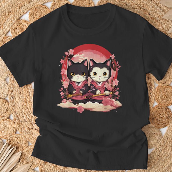 Kawaii Japonés Parejasamurai Ninja Gatos Guerrero Arte Camiseta unisex Regalos para ancianos