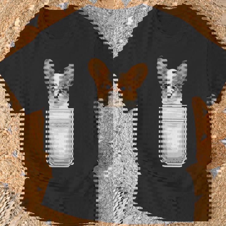 Papillon パピヨン 子犬 ポケットの中の犬 Tシャツ 高齢者への贈り物