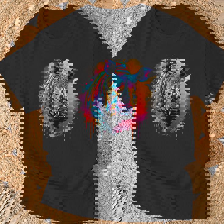 Rhinoceros アートワーク ポートレート 動物 アート カラフル スプラッシュ サイ Tシャツ 高齢者への贈り物