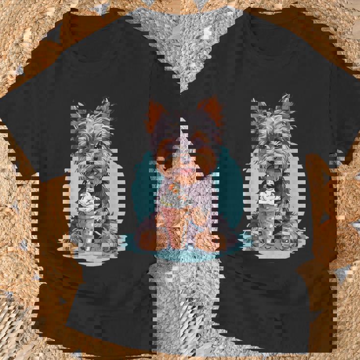 Yorkie Dog アニメ アイスクリームを食べる 夏 かわいい Tシャツ 高齢者への贈り物