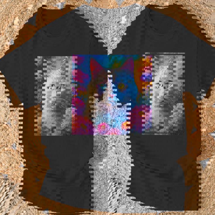 「お花畑のルディ猫」 油絵風ファンタジーアート 綺麗 かわいい オッドアイ リアル Tシャツ 高齢者への贈り物