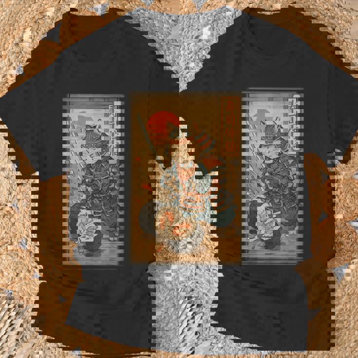 おもしろ寿司 侍猫 道場 夕日 浮世絵 漫画 漢字アート Tシャツ 高齢者への贈り物