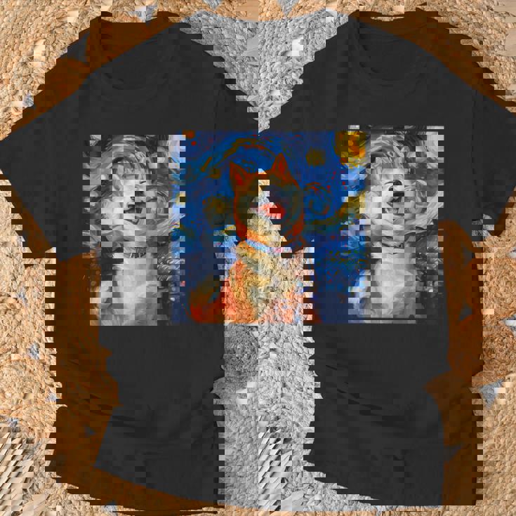 かわいい 柴犬 犬 星月夜 ヴィンセント・ヴァン・ゴッホ 絵画 Tシャツ 高齢者への贈り物