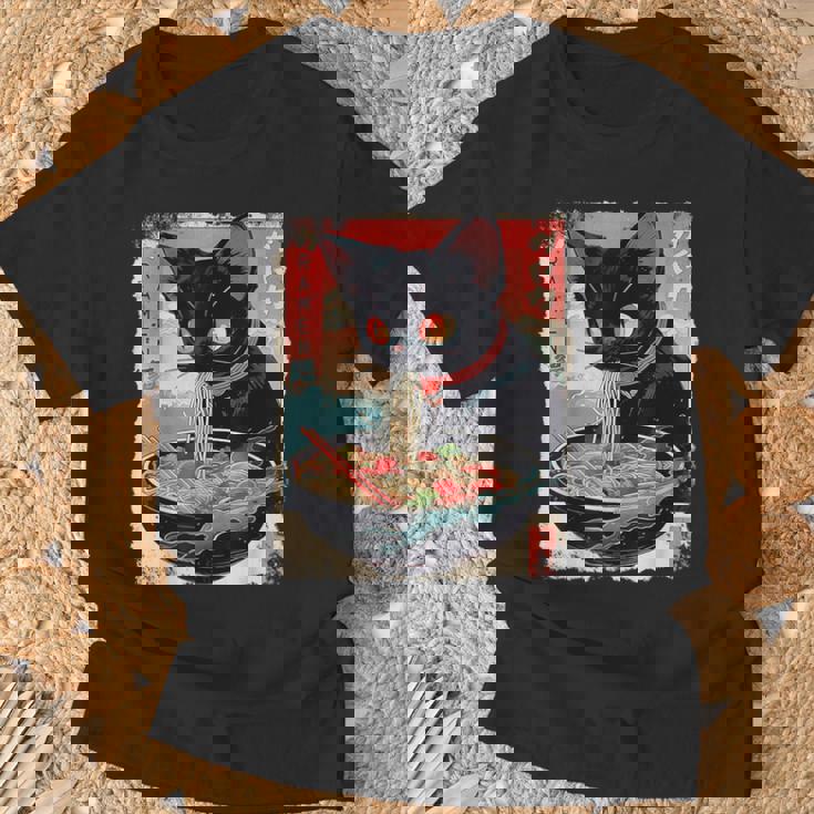 かわいい 黒猫 ラブ ラーメン カワイイ ねこ アニメ 日本語 Tシャツ 高齢者への贈り物