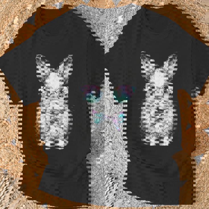 かわいいエステティックイースターボウタイバニーウサギメガネ付き Tシャツ 高齢者への贈り物