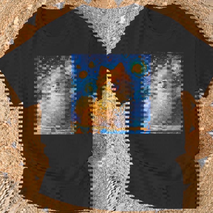 かわいいポメラニアン犬 星月夜 ヴィンセント・ヴァン・ゴッホ絵画 Tシャツ 高齢者への贈り物