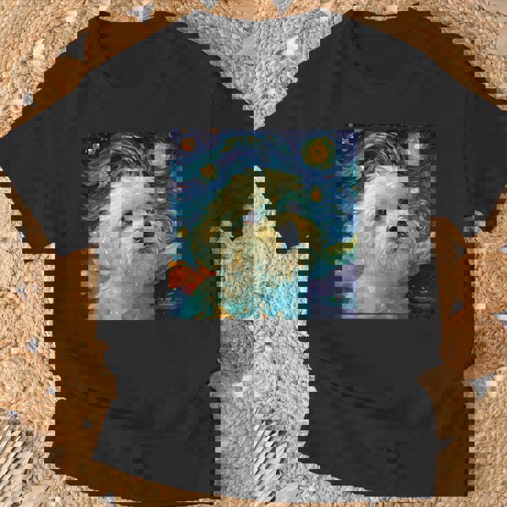 かわいいマルチーズドッグ 星月夜 ヴィンセント・ヴァン・ゴッホ絵画 Tシャツ 高齢者への贈り物