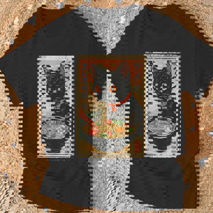 かわいい猫とラーメン麺 日本のアニメ漫画 Tシャツ 高齢者への贈り物