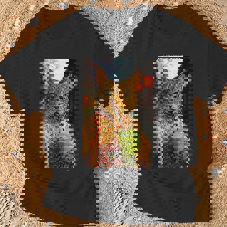 かわいい着物猫 自撮り 抹茶 バブルティー Tシャツ 高齢者への贈り物