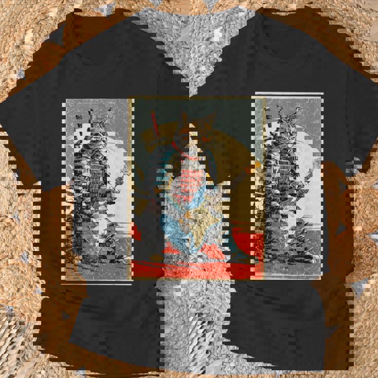 アニメ 日本の侍猫 エレキギターを弾くアートワーク Tシャツ 高齢者への贈り物