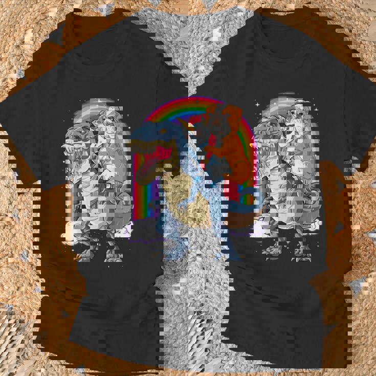 イングリッシュブルドッグ ユニコーン ライディング ダイナソー Tレックス ギフト メンズ レディース Tシャツ 高齢者への贈り物