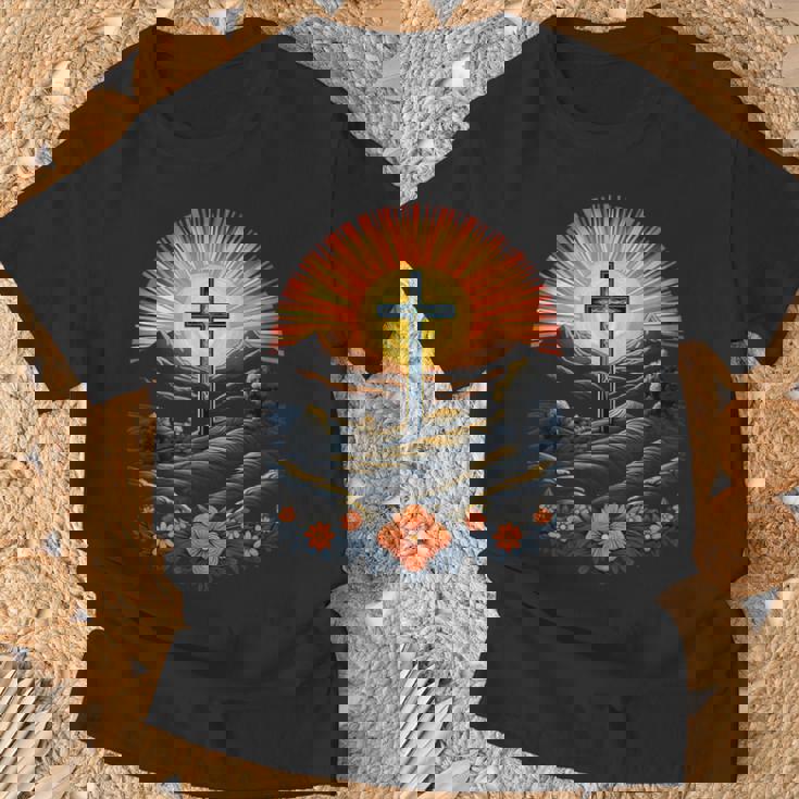 イースターデー クロスフラワー サンセット クリスチャン イースター Tシャツ 高齢者への贈り物