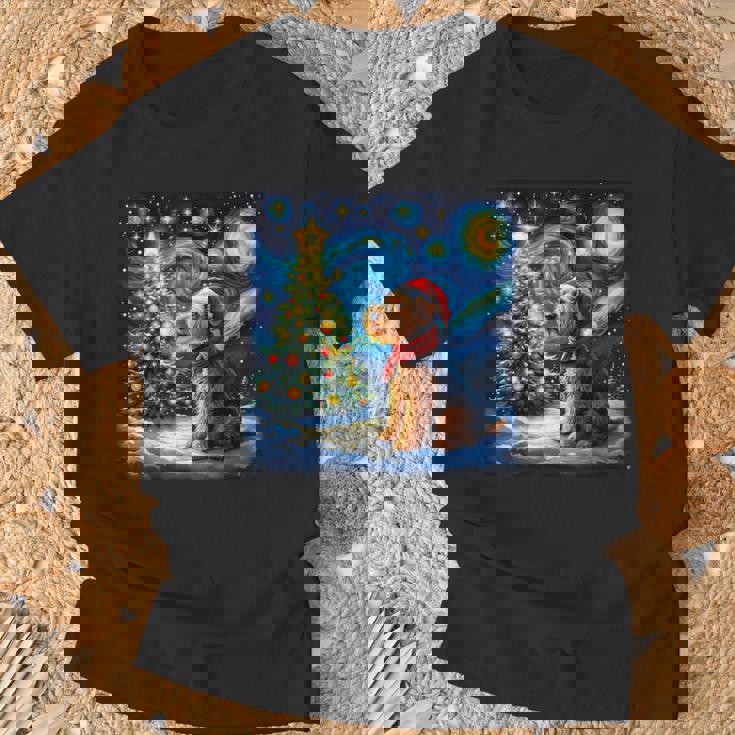 エアデール・テリア 星降る夜 クリスマス ゴッホ 犬の休日 Tシャツ 高齢者への贈り物
