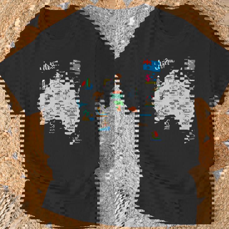 オーストラリアの地図。風景、動物、文化、シンボルのアイコン Tシャツ 高齢者への贈り物