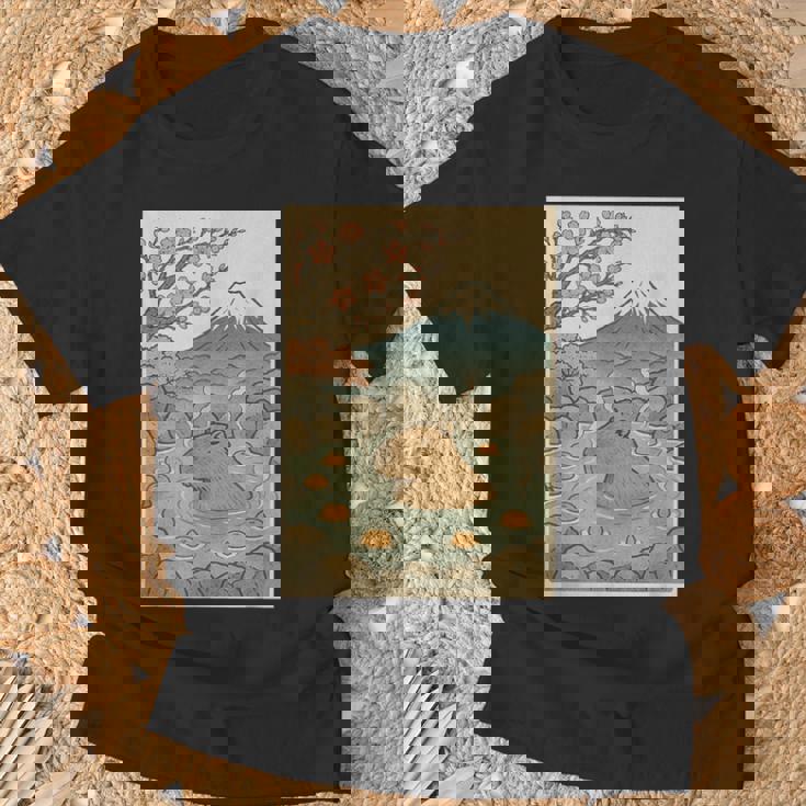 カピバラ 桜と温泉のカワイイアート Tシャツ 高齢者への贈り物